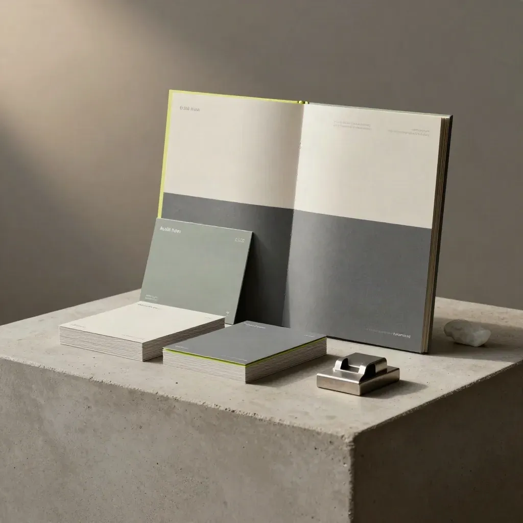 Kit SEO grafite con accenti lime su basamento in pietra, luce da studio e ombra morbida.
