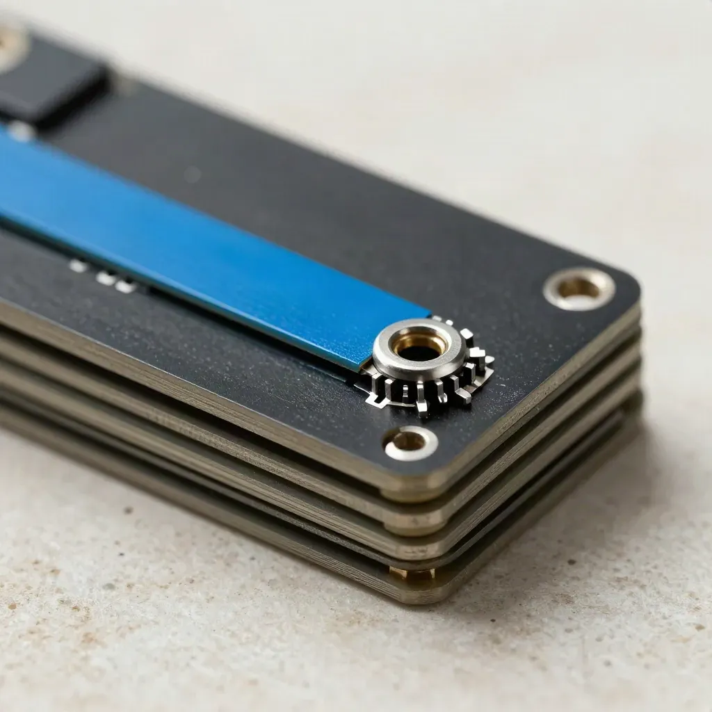 Modulo di tracking con pin connettori, striscia blu e base nera su pietra chiara.