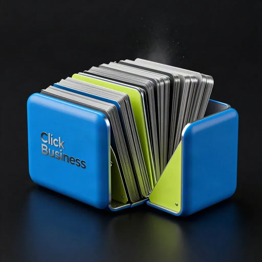 Scrigno blu elettrico che si apre con dettagli lime e grafite su fondo nero.