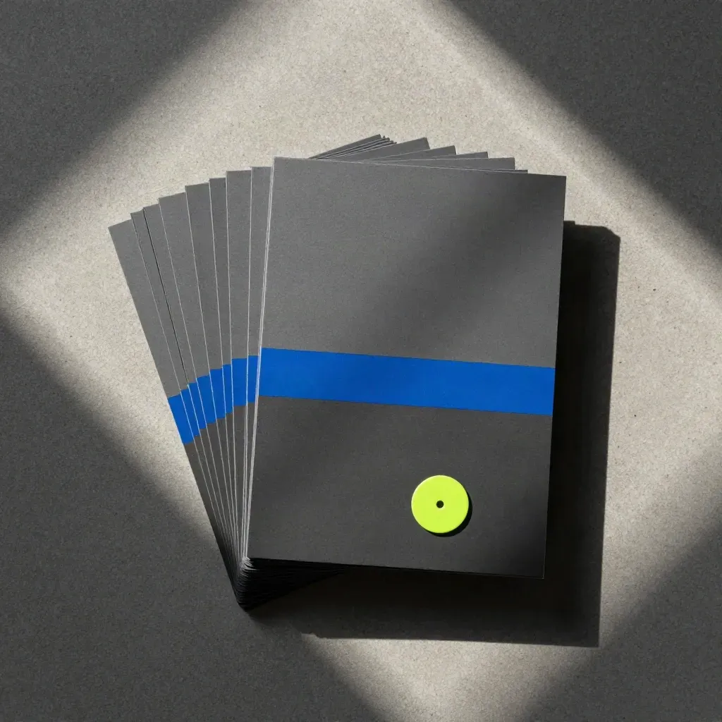 Flatlay dall'alto di carte grafite per Meta Ads con banda blu e disco lime su cemento