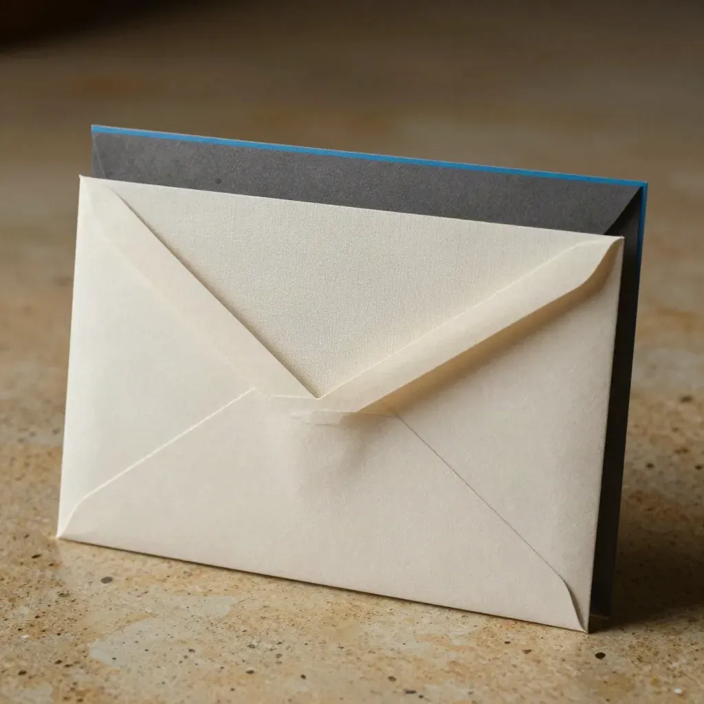 Busta pieghevole in carta avorio con inserto in lino su pietra calda, luce radente